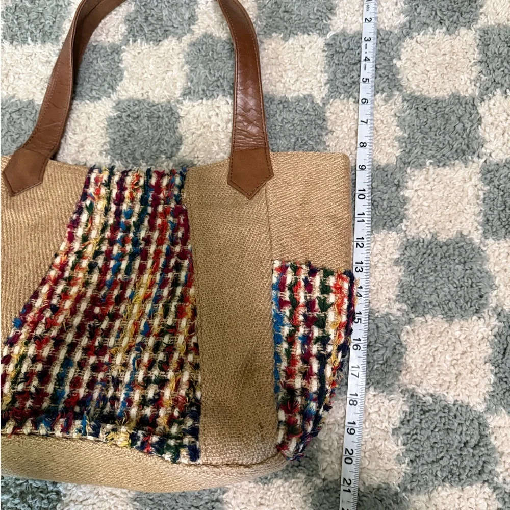 Woven Multicolor Jute Tote Bag Brown Leather Handles Summer Boho Hippie Purse